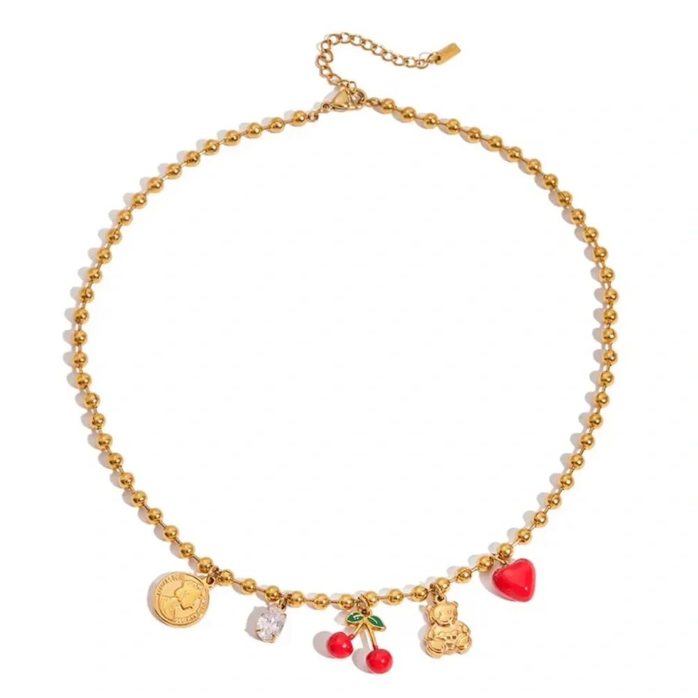 Golden Memories Beaded Cherry Teddy Bear Necklace - Picture 8 of 10